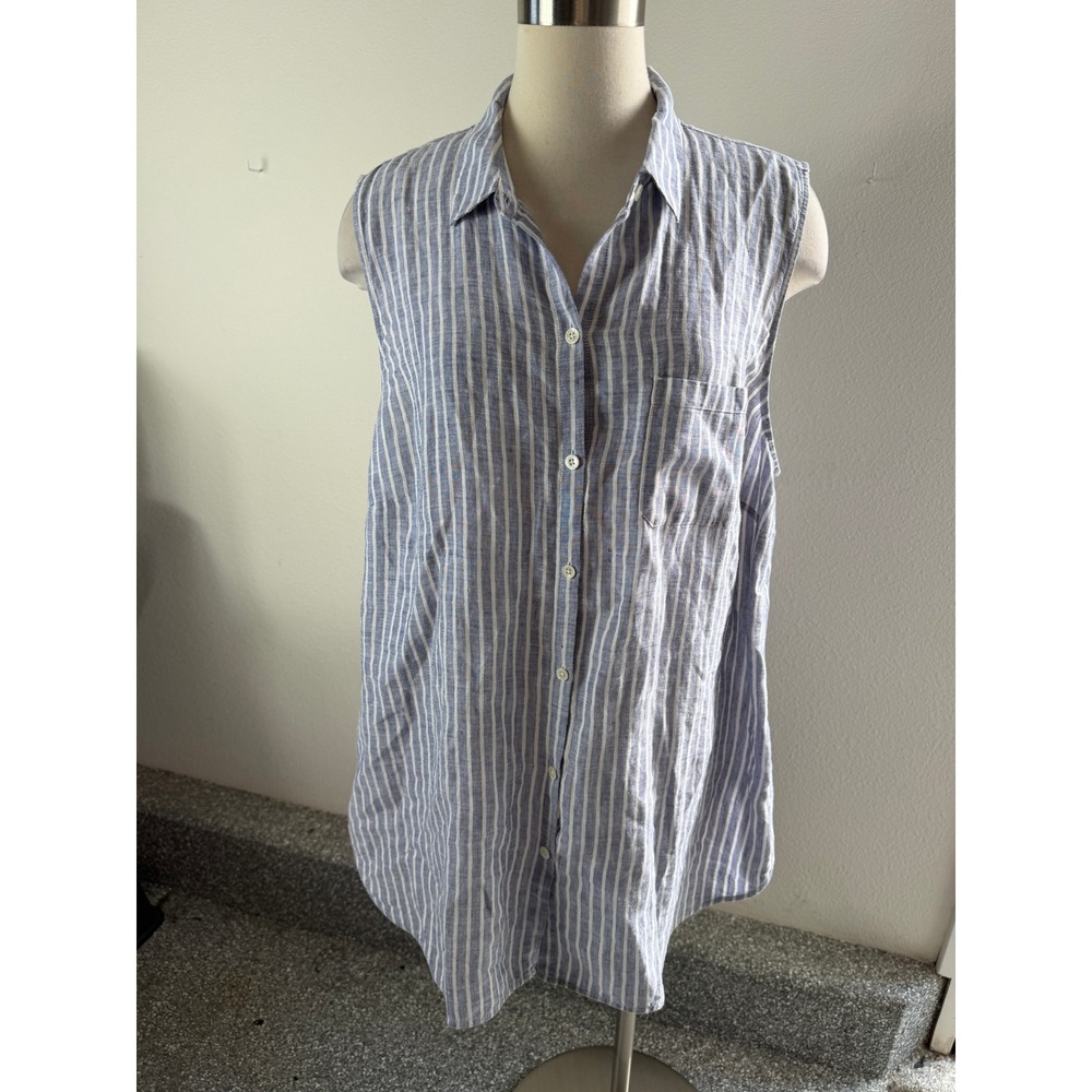 J Jill Love Linen Womens XL Blue White Striped Button Down Shirt Sleeveless Top